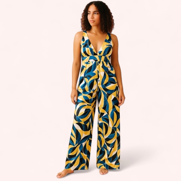 Sample Adrienne Landua Onyx Funky Vibrant Geometric Wide Leg Jumpsuit Size S - Picture 1 of 11